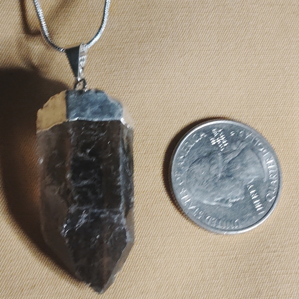 NWT-SMOKY QUARTZ, CHUNKY PENDANT. 20"-INCH, STERLING SILVER CHAIN.